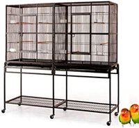 Mcage Large Double Flight Bird Wrought Iron Double Cage w/Slide Out Divider 3 Levels Bird Parrot Cage Cockatiel Conure Bird Cage 63&quot; Lx19 Dx64 H W/Stand on Wheels